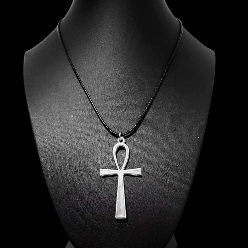 Silver Ankh Necklace - Black Cord